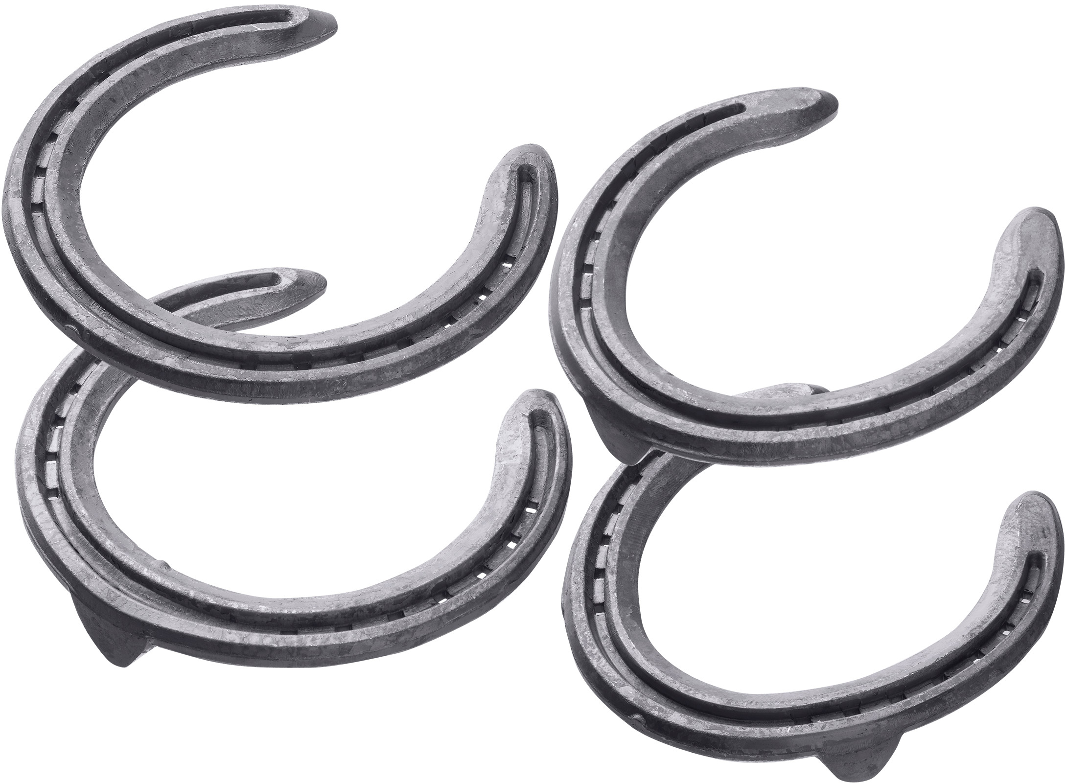 St. Croix Concorde Steel horseshoes, front unclipped and toe clip, hind toe clip and side clips, bottom side view