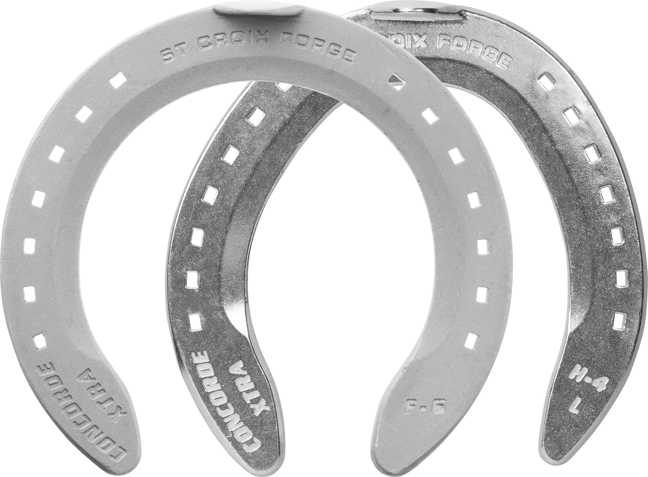 St. Croix Concorde Extra Aluminium horseshoes, front and hind, hoof side view