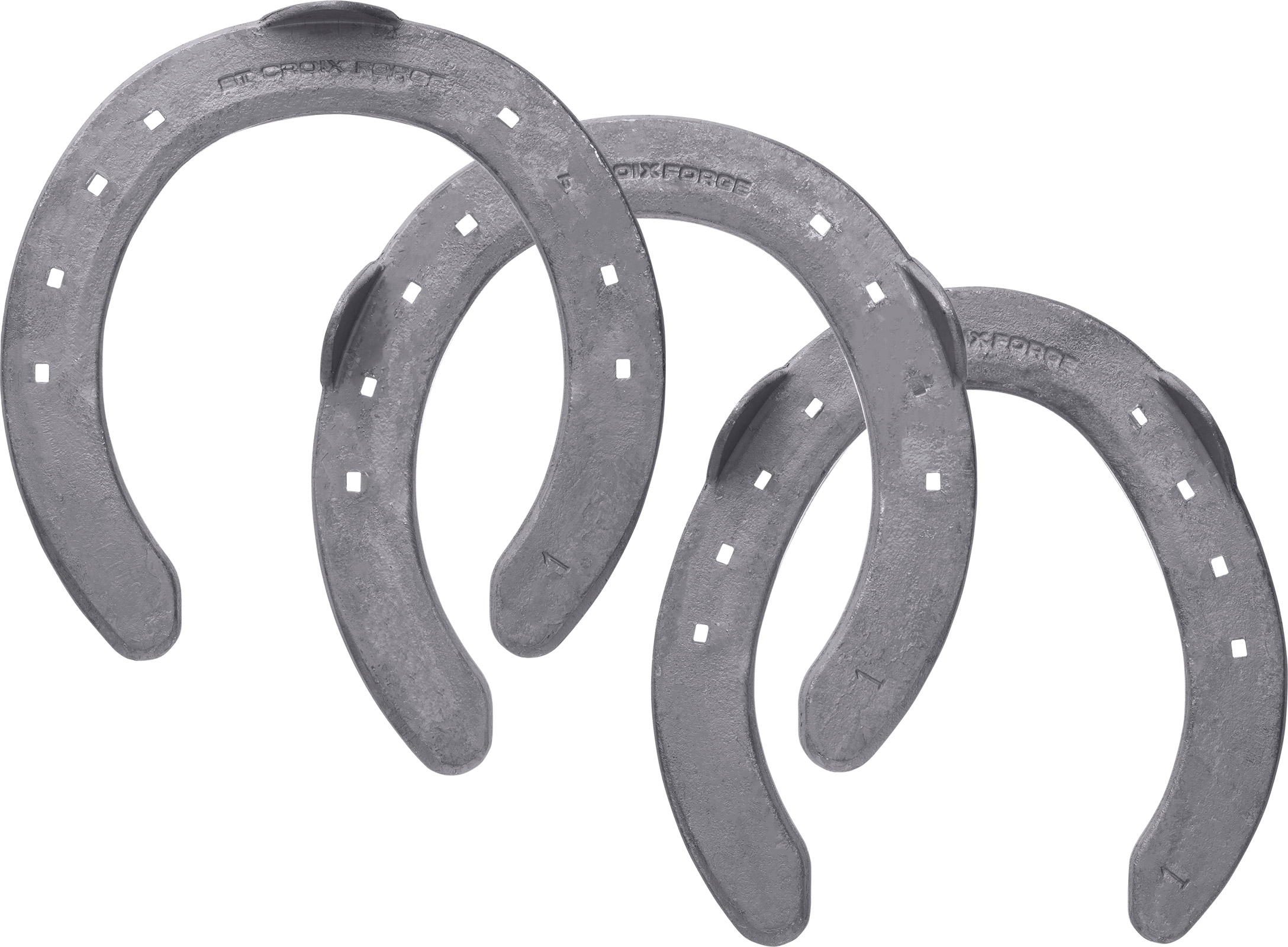 St. Croix Eventer Plus Steel horseshoes, front toe clip and side clips, hind side clips, hoof side view