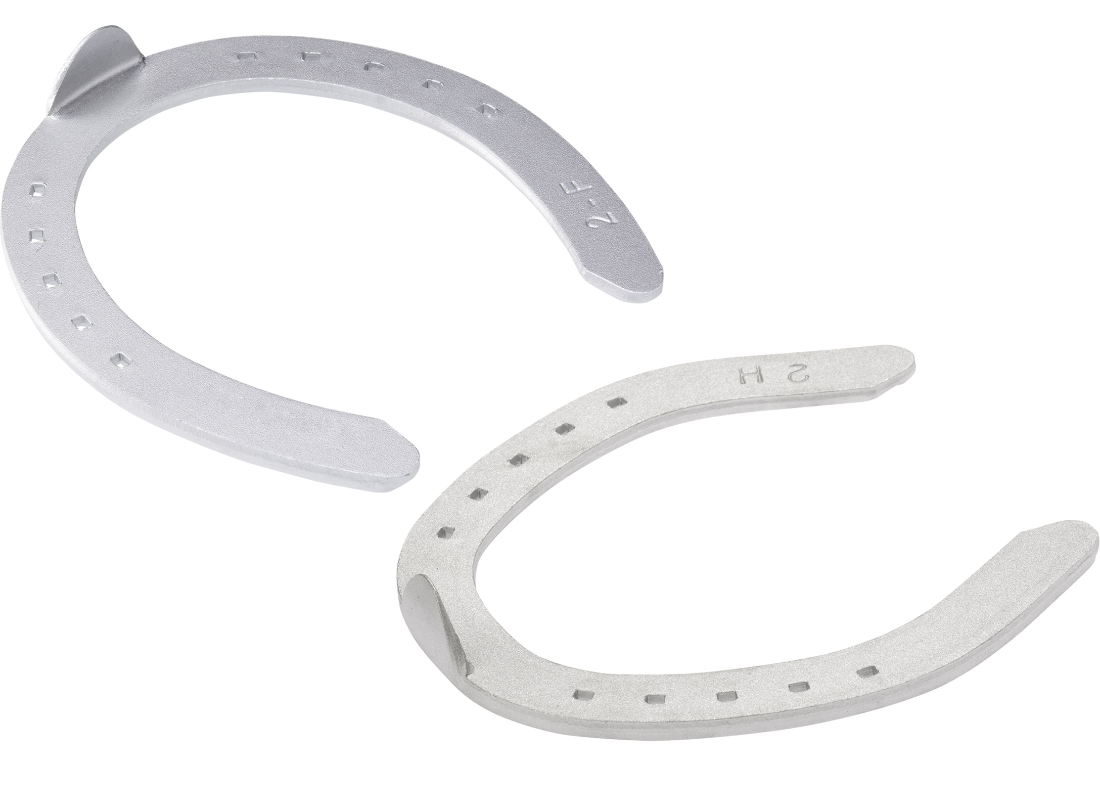 St. Croix Ultra Lite Aluminium horseshoes, front and hind, hoof side view
